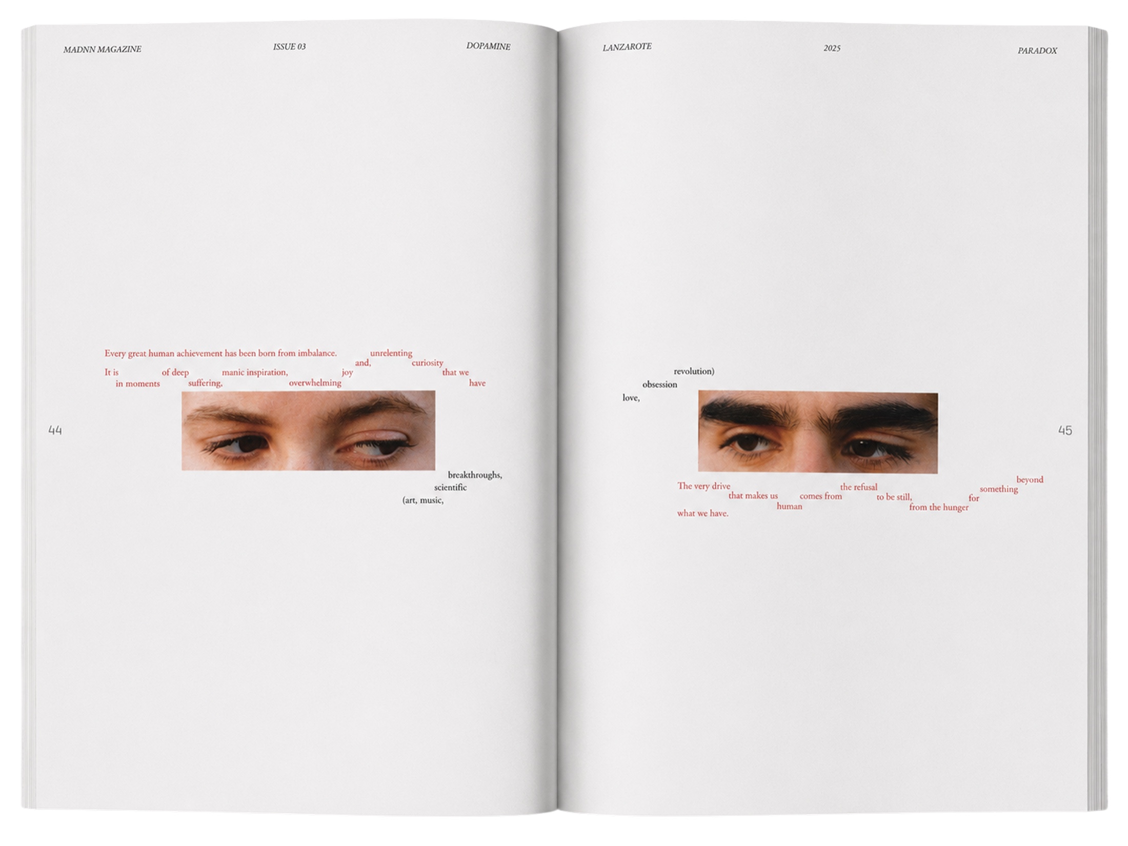 Magazine spread — two pairs of eyes with scattered text on imbalance and human drive