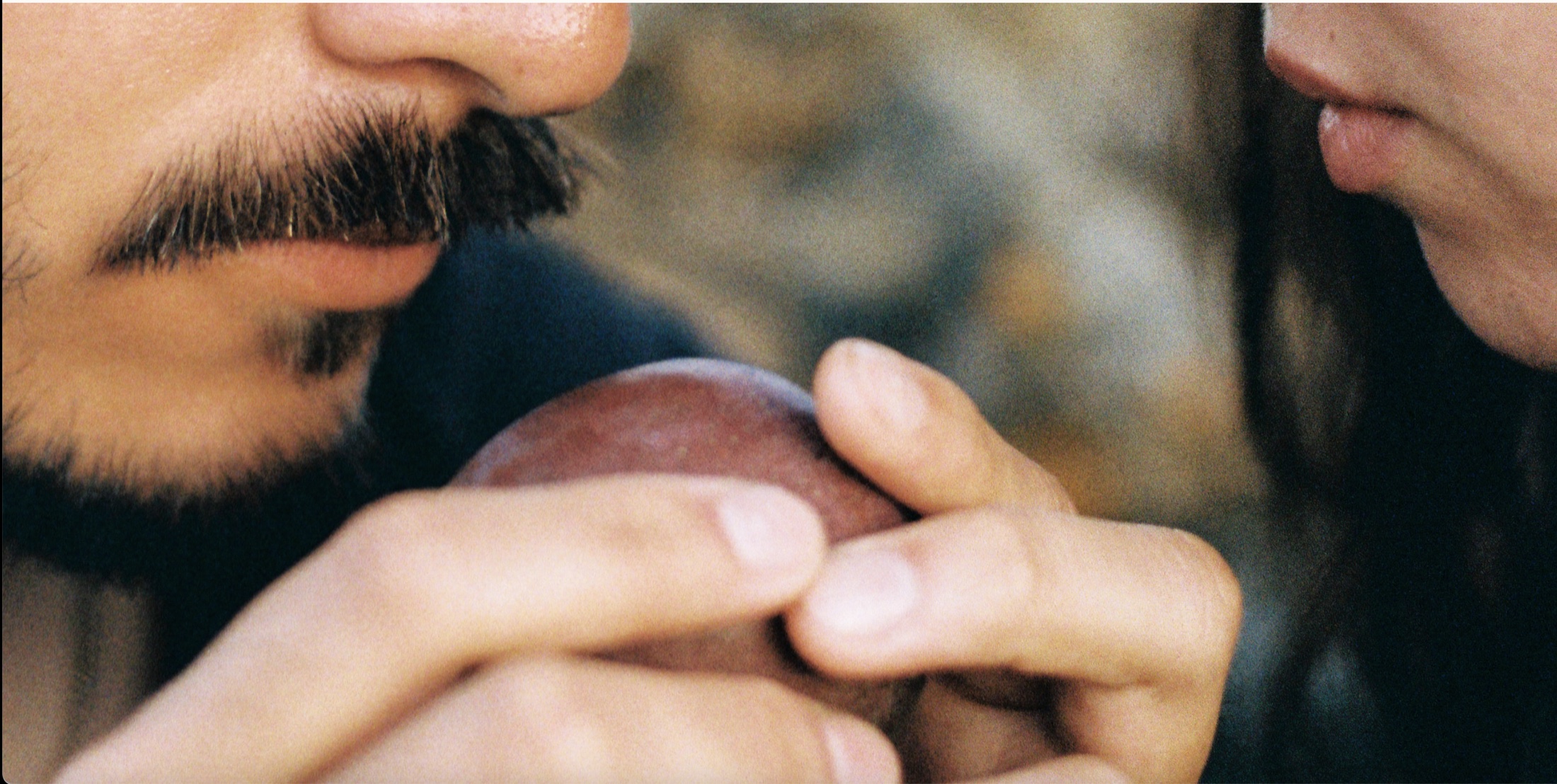 Two faces in profile, a peach held between their hands