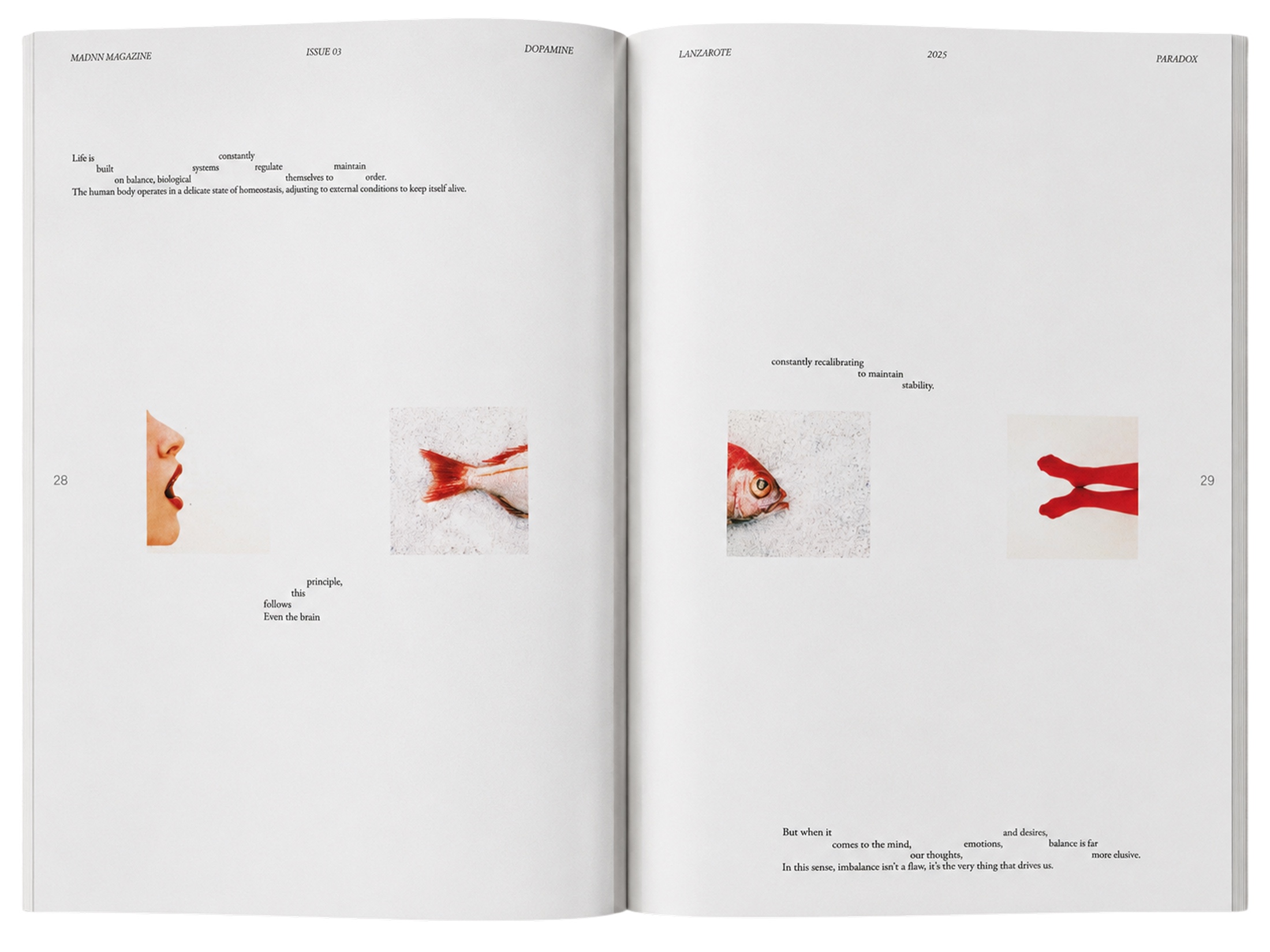 Magazine spread — red fish studies with text on dopamine and homeostasis