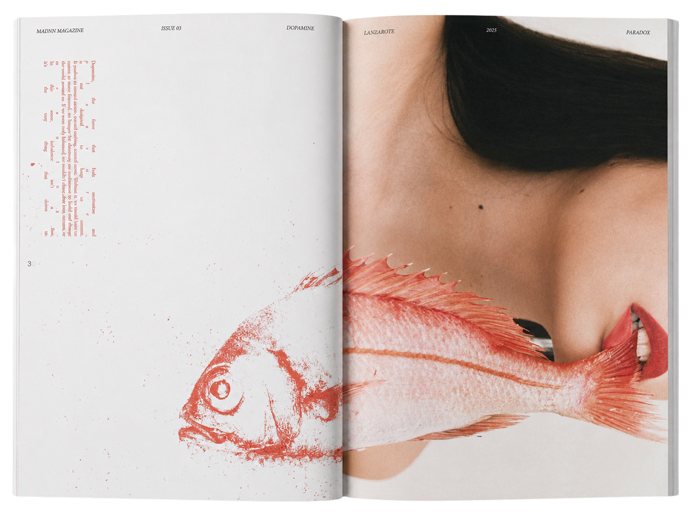 Magazine spread — a red fish across the body, with text on dopamine and imbalance